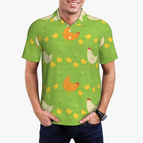 Daiia Funny Chicken Pattern Men’s Polo Shirts,Solid Deck Shirt,Classic Fit, Breathable Cotton Polo for Casual and Sport Wear-3X-Large