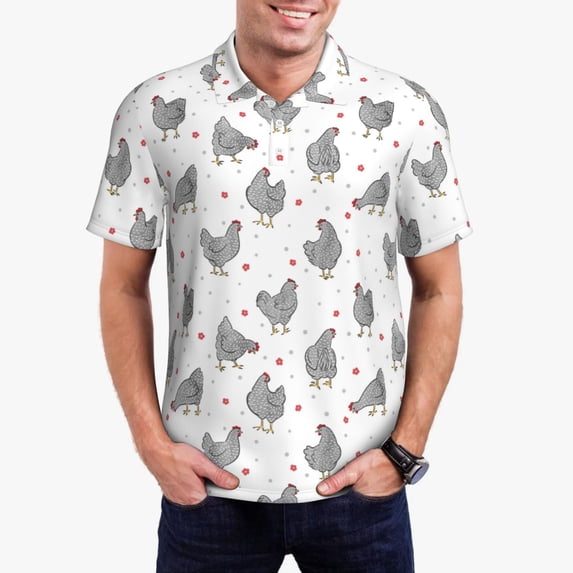 Daiia Funny Chicken Pattern Men’s Polo Shirts,Solid Deck Shirt,Classic Fit, Breathable Cotton Polo for Casual and Sport Wear-Medium