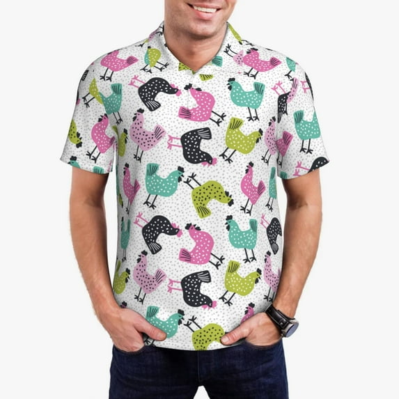 Daiia Funny Chicken Pattern Men’s Polo Shirts,Solid Deck Shirt,Classic Fit, Breathable Cotton Polo for Casual and Sport Wear-X-Large