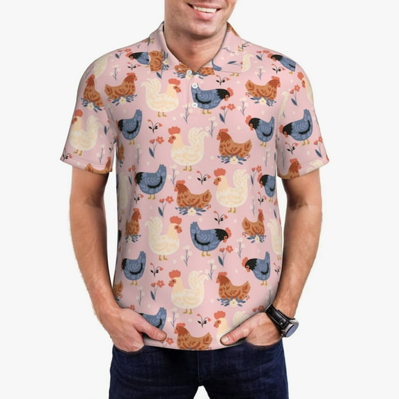 Daiia Funny Chicken Pattern Men’s Polo Shirts,Solid Deck Shirt,Classic Fit, Breathable Cotton Polo for Casual and Sport Wear-XX-Large