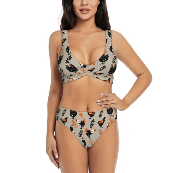 Daiia Funny Chicken Women's Bikini Set Two Piece Swimsuit High Waisted Bikini Adjustable Straps Bikini Perfect for Beach, Pool, and Summer Vacation-Small