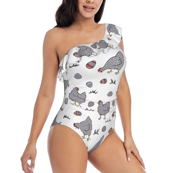 Daiia Funny Chicken Women's One Piece Swimsuits Personalized One Shoulder Swimwear Asymmetric Ruffle Bathing Suits-X-Large