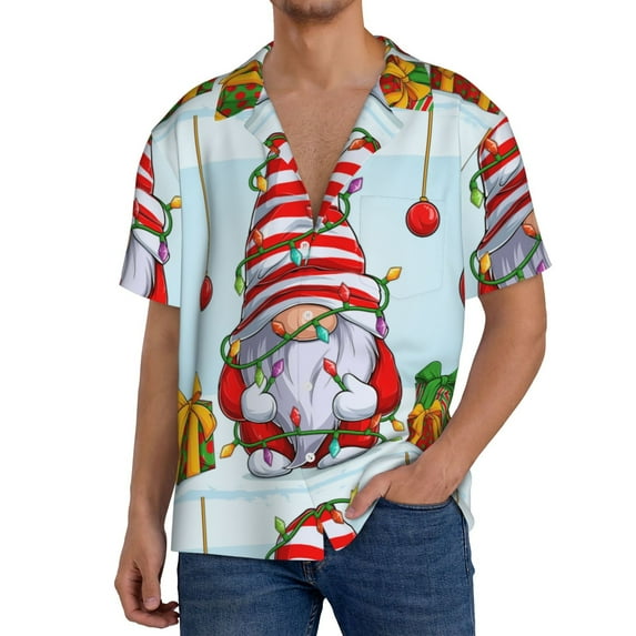 Daiia Funny Christmas Gnome Men's Linen Shirts Short Sleeve Casual Shirts Button Down Shirt for Men Beach Summer Wedding Shirt-4X-Large