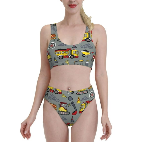 Daiia Funny Construction printed 2 piece Swimsuit Bikinis for Women High Waisted Racerback Bathing Suits Summer Tummy Control Scoop Neck Swimwear-Large