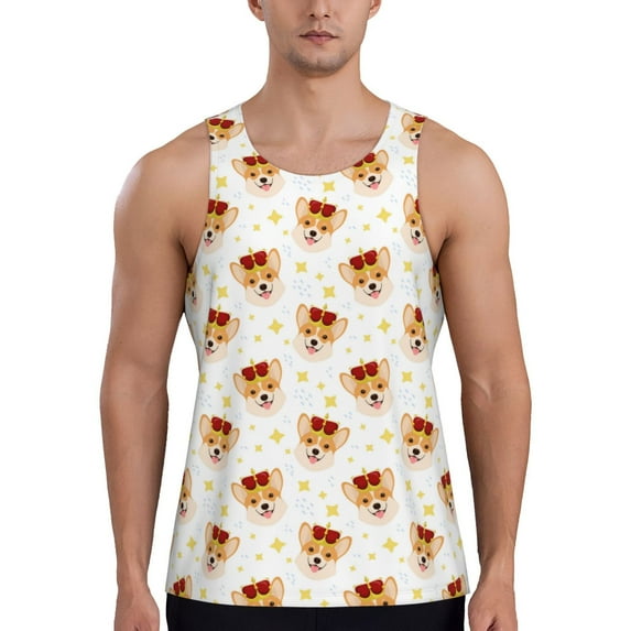 Daiia Funny Corgi Printed Men's Quick Dry Fit Muscle Tank Top Slim-Fit Tank Workout Tank Top Lightweight Sports Tank Top-XX-Large