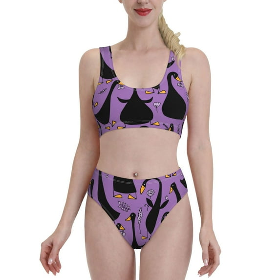 Daiia Funny Goose printed 2 piece Swimsuit Bikinis for Women High Waisted Racerback Bathing Suits Summer Tummy Control Scoop Neck Swimwear-Small