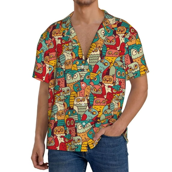Daiia Funny Owl Bird Men's Linen Shirts Short Sleeve Casual Shirts Button Down Shirt for Men Beach Summer Wedding Shirt-3X-Large