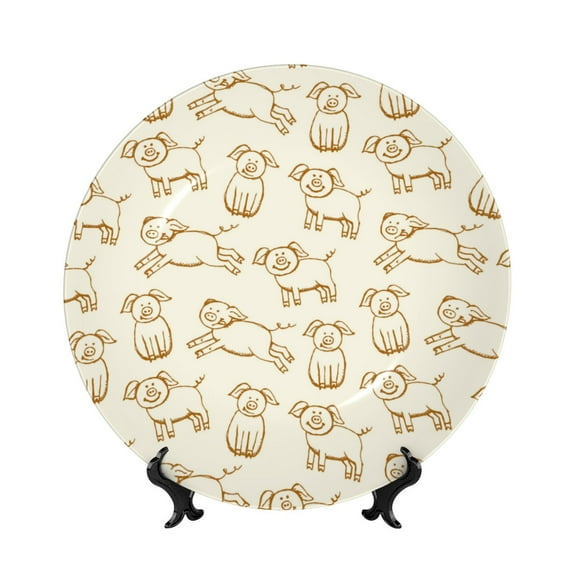 Daiia Funny Pigs Printed Pattern Ceramic Plate Dinner Plates Bone China Decorative Plates with Display Stand Art Ceramic Ornaments for Wall Hanging Decoration-6in