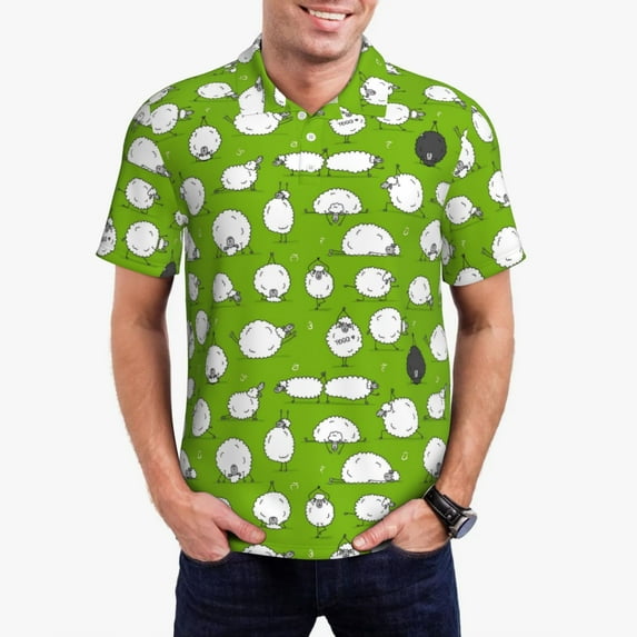 Daiia Funny Sheep Doing Yoga Pattern Men’s Polo Shirts,Solid Deck Shirt,Classic Fit, Breathable Cotton Polo for Casual and Sport Wear-Small