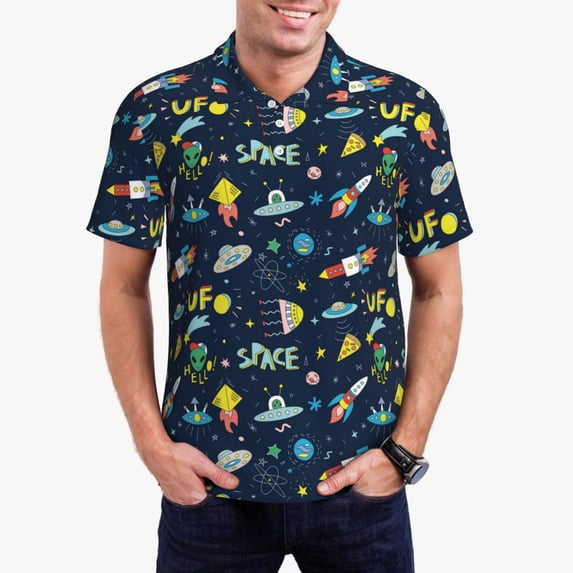 Daiia Funny Spaceships Pattern Men’s Polo Shirts,Solid Deck Shirt,Classic Fit, Breathable Cotton Polo for Casual and Sport Wear-X-Large