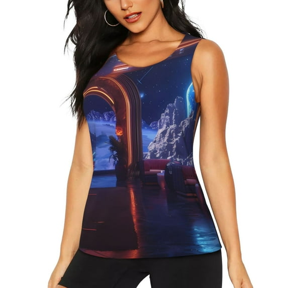 Daiia Futuristic Bar Space View Printed Womens Workout Tops for Women Quick-dry Tank Tops Mesh Yoga Shirts Athletic Running Tank Tops Sleeveless Gym Clothes-Large
