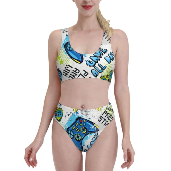 Daiia Game All Day printed 2 piece Swimsuit Bikinis for Women High Waisted Racerback Bathing Suits Summer Tummy Control Scoop Neck Swimwear-Medium