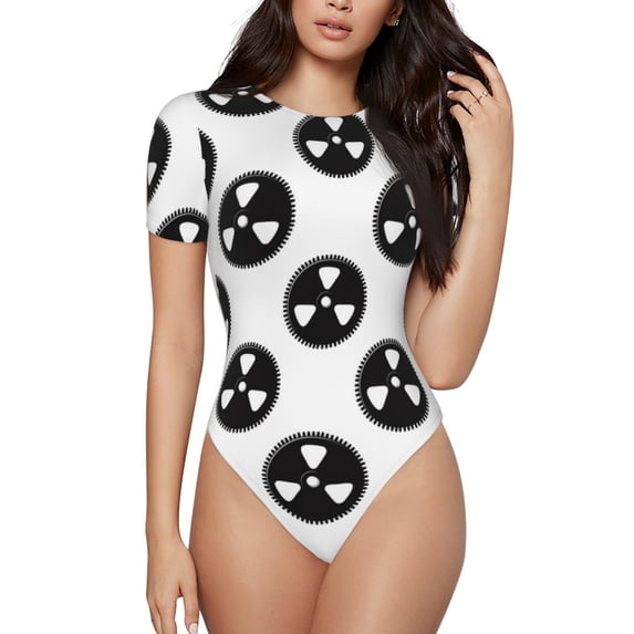 Daiia Gear Tools print Women's Crew Neck Short Sleeve Bodysuit Fashion Tops Fit Casual Basic Extender Bodysuit-Small