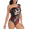thumbnail image 1 of Daiia Geisha Skeleton With Flowers Women's One Piece Swimsuits Personalized One Shoulder Swimwear Asymmetric Ruffle Bathing Suits-Small, 1 of 8