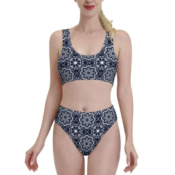 Daiia Geometry Flower printed 2 piece Swimsuit Bikinis for Women High Waisted Racerback Bathing Suits Summer Tummy Control Scoop Neck Swimwear-Medium