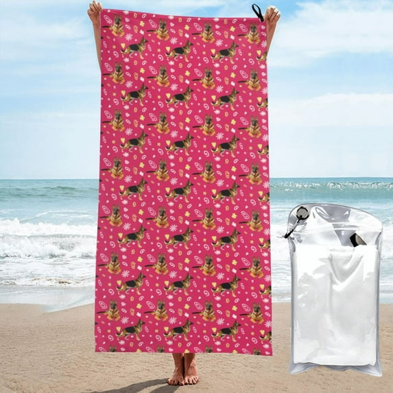 Daiia German Shepherd Dog Pattern Quick Dry Towel, Super Absorbent Travel Towel with Hanging Loop & Carabiner, Lightweight Compact Fast-Drying Microfiber Towel-27.5"x55"