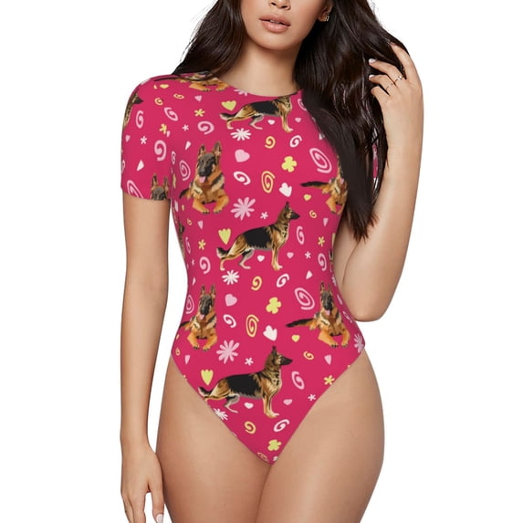 Daiia German Shepherd Dog print Women's Crew Neck Short Sleeve Bodysuit Fashion Tops Fit Casual Basic Extender Bodysuit-Small