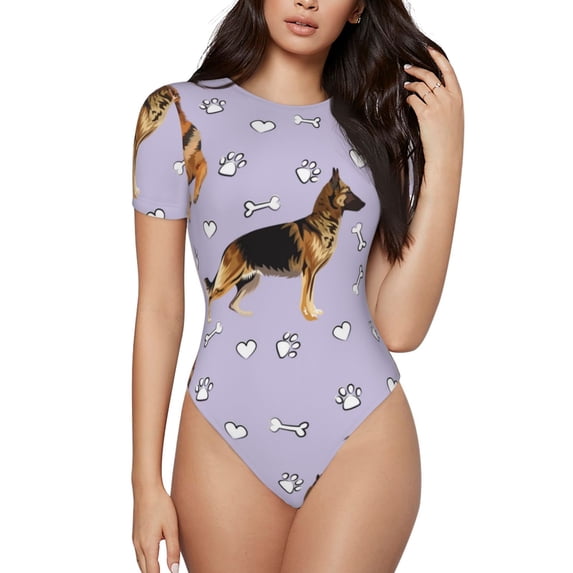 Daiia German Shepherd Dog print Women's Crew Neck Short Sleeve Bodysuit Fashion Tops Fit Casual Basic Extender Bodysuit-Small