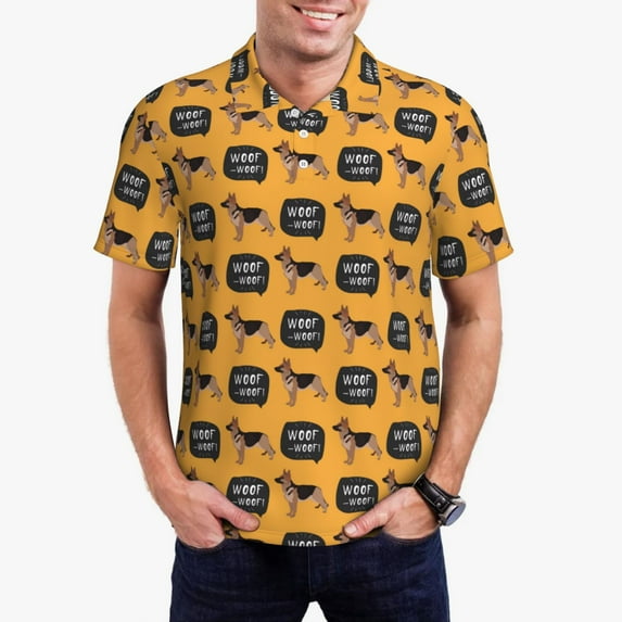 Daiia German Shepherd Woof Pattern Men’s Polo Shirts,Solid Deck Shirt,Classic Fit, Breathable Cotton Polo for Casual and Sport Wear-