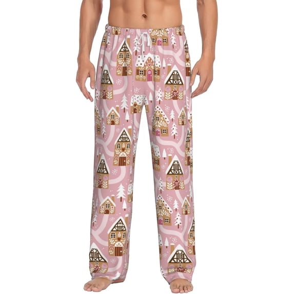 Daiia Gingerbread Houses Pink Wonderland Men's Sleep Pant with Pockets and Drawstring,Pajama Pants-Large