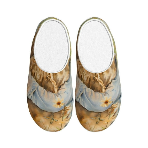 Daiia Girl Hugging Dog Flowers Print Women’s Fuzzy Slippers Memory Foam Lightweight House Shoes Cozy Loafer Flannel House Shoes-39/40