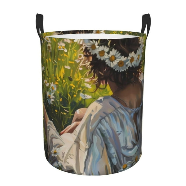 Daiia Girl In Field Of Daisies Round Laundry Basket with Handles