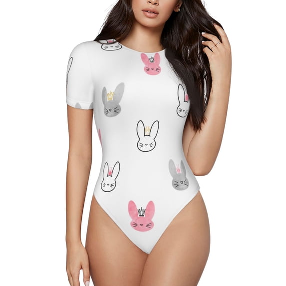 Daiia Girl Rabbit print Women's Crew Neck Short Sleeve Bodysuit Fashion Tops Fit Casual Basic Extender Bodysuit-Small