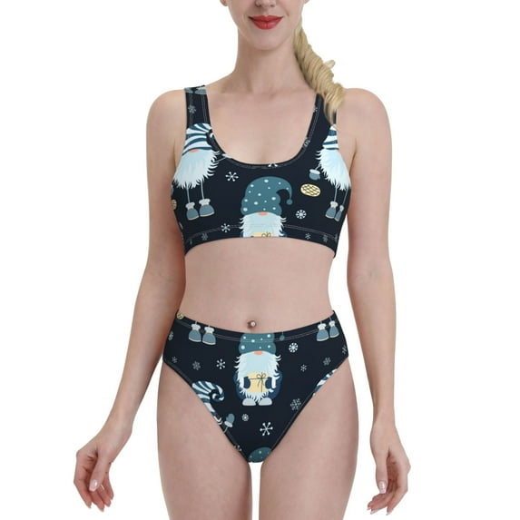 Daiia Gnome and Snowflakes printed 2 piece Swimsuit Bikinis for Women High Waisted Racerback Bathing Suits Summer Tummy Control Scoop Neck Swimwear-X-Large