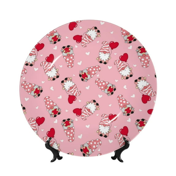 Daiia Gnome With Heart Printed Pattern Ceramic Plate Dinner Plates Bone China Decorative Plates with Display Stand Art Ceramic Ornaments for Wall Hanging Decoration-8in