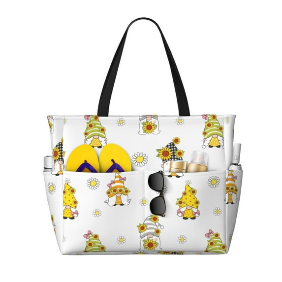 Daiia Gnome With Sunflower Beach Travel Bag - Water-Resistant Beach Bag, Lightweight Tote with 7 Pockets for Women and Men - Gym,Pool,Camping,Reusable Grocery Bag