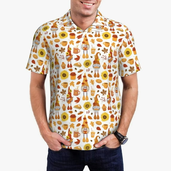 Daiia Gnomes Autumn Harvest Pattern Men’s Polo Shirts,Solid Deck Shirt,Classic Fit, Breathable Cotton Polo for Casual and Sport Wear-Small