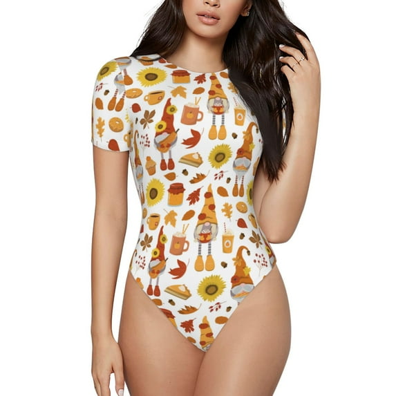 Daiia Gnomes Autumn Harvest print Women's Crew Neck Short Sleeve Bodysuit Fashion Tops Fit Casual Basic Extender Bodysuit-Medium