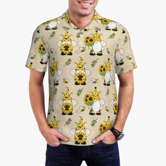 Daiia Gnomes Bees And Sunflowers Pattern Men’s Polo Shirts,Solid Deck Shirt,Classic Fit, Breathable Cotton Polo for Casual and Sport Wear-X-Large