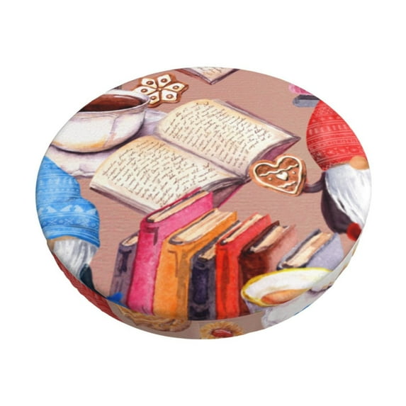 Daiia Gnomes Books Tea Cups Stool Covers Round,Round Bar Stool Covers Waterproof Bar Chair Covers Washable Stool Cushion Slipcover for 12-14 Inch Chair-14 inch