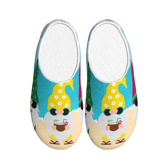 Daiia Gnomes On The Beach Print Women’s Fuzzy Slippers Memory Foam Lightweight House Shoes Cozy Loafer Flannel House Shoes-42/43