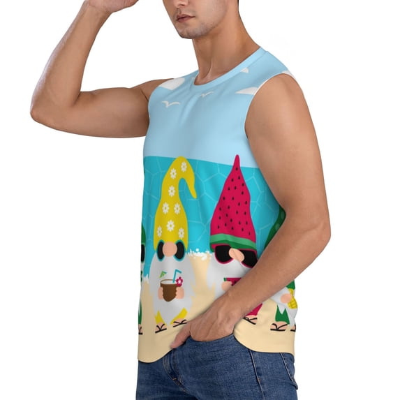 Daiia Gnomes On The Beach Printed Men's Tank Tops,Casual Soft Sleeveless Gym Muscle Shirts Bodybuilding Tee-Large