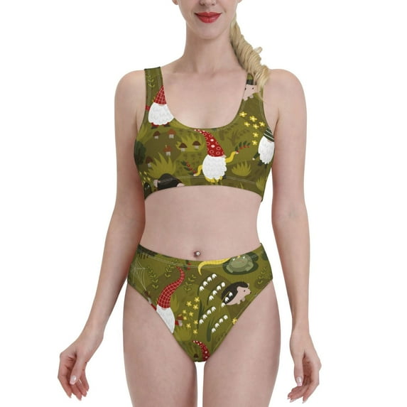 Daiia Gnomes Playing in the Garden printed 2 piece Swimsuit Bikinis for Women High Waisted Racerback Bathing Suits Summer Tummy Control Scoop Neck Swimwear-Medium