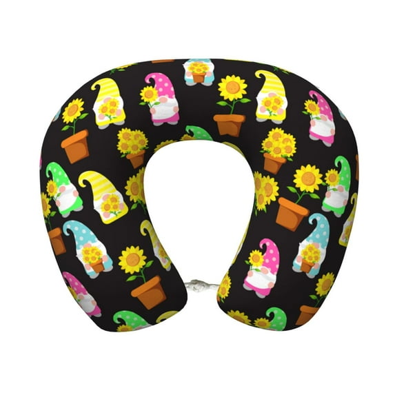Daiia Gnomes With Sunflowers Pattern Travel Pillow 100% Pure Memory Foam Travel Neck Pillow, Airplane Pillow U-Shaped Neck Pillow Ergonomic Travel Pillow