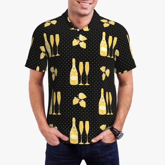 Daiia Gold Bottles Pattern Men’s Polo Shirts,Solid Deck Shirt,Classic Fit, Breathable Cotton Polo for Casual and Sport Wear-3X-Large