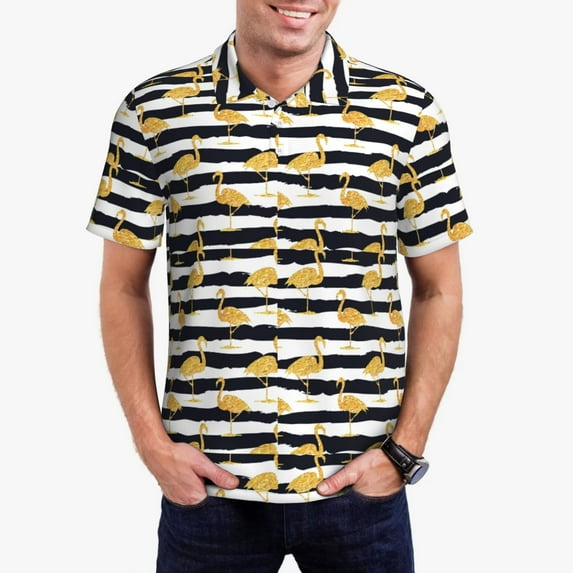Daiia Gold Flamingo Pattern Men’s Polo Shirts,Solid Deck Shirt,Classic Fit, Breathable Cotton Polo for Casual and Sport Wear-Large