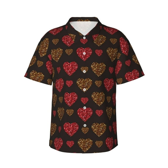 Daiia Gold Glitter Heart Hawaiian Shirt for Men Gentle Cotton Regular Short Sleeve Casual-Large