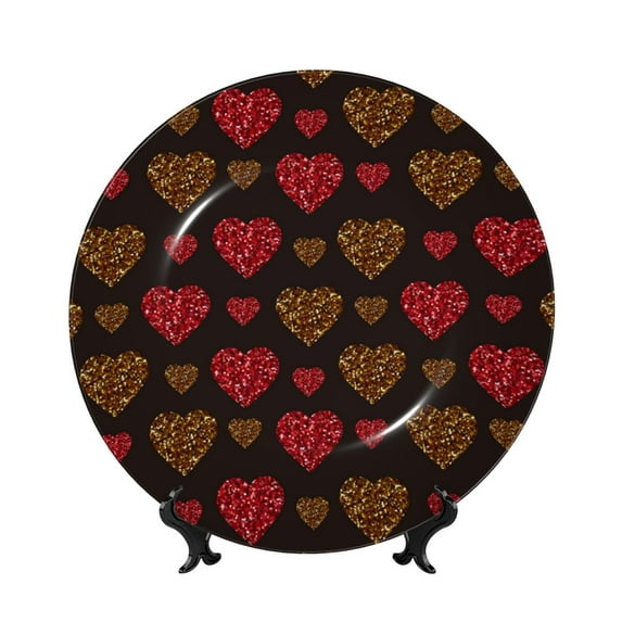Daiia Gold Glitter Heart Printed Pattern Ceramic Plate Dinner Plates Bone China Decorative Plates with Display Stand Art Ceramic Ornaments for Wall Hanging Decoration-7in