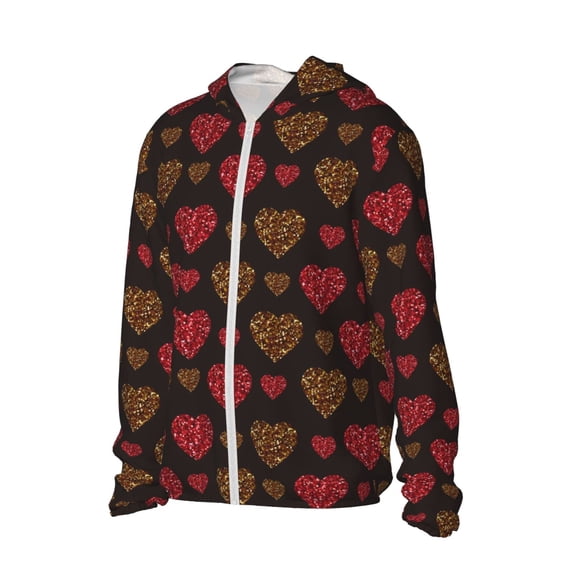 Daiia Gold Glitter Heart UPF 50+ Sun Protection Hoodie Jacket Lightweight Long Sleeve Sun Shirt for Women Men with Pocket Hiking Outdoor-Large