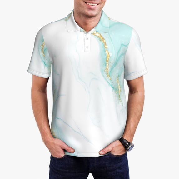 Daiia Gold Lines Marble Watercolor Pattern Men’s Polo Shirts,Solid Deck Shirt,Classic Fit, Breathable Cotton Polo for Casual and Sport Wear-4X-Large