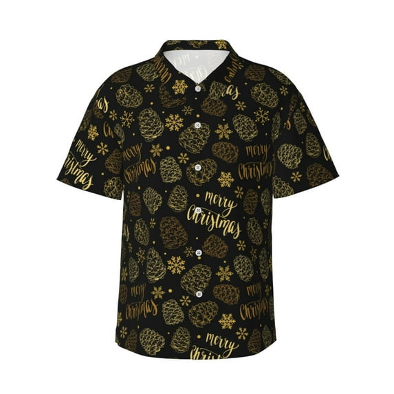 Daiia Gold Pinecone Merry Christmas Hawaiian Shirt for Men Gentle Cotton Regular Short Sleeve Casual-X-Large