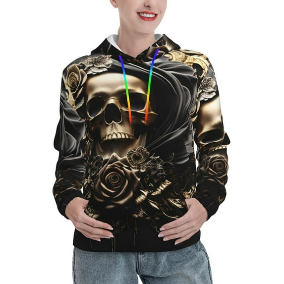 Daiia Gold Rose Skull Pattern Women's Fashion Hoodies & Sweatshirts with Kangaroo Pocket Hooded Sweatshirt with Eye-catching Drawstrings-Medium
