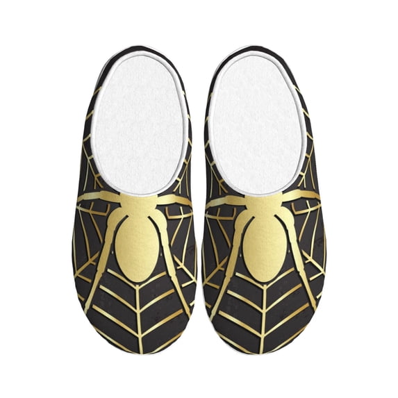Daiia Gold Spider On The Web Print Women’s Fuzzy Slippers Memory Foam Lightweight House Shoes Cozy Loafer Flannel House Shoes-40/41