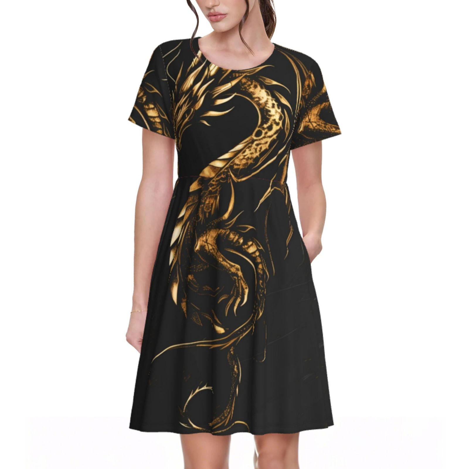 Daiia Golden Dragon Tattoo Art Print Women's Dresses 2025 Trendy Short ...