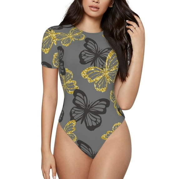 Daiia Golden Glitter Butterflies Women'S Crew Neck Short Sleeve Slim Fit T Shirts Tops Basic Bodysuit Leotard Clothing-Medium