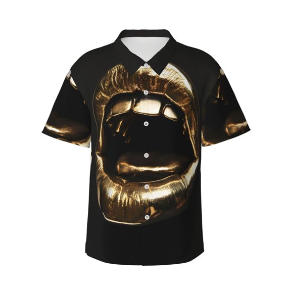 Daiia Golden Lips Modern Sculpture Hawaiian Shirt for Men Gentle Cotton Regular Short Sleeve Casual-3X-Large